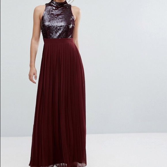 little mistress burgundy dress Dominique Red High Neck Open Back Embellished Maxi Dress